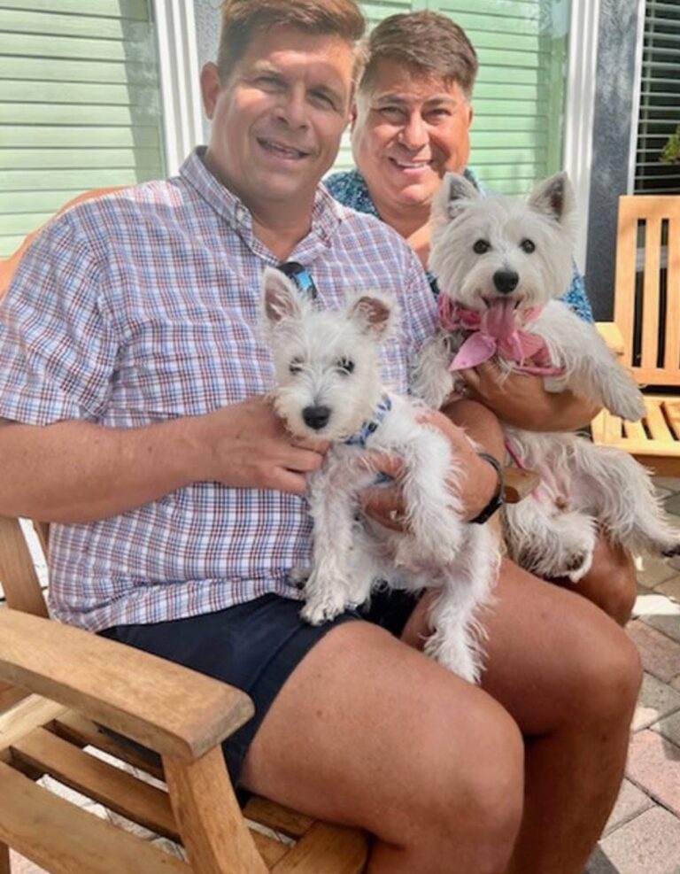 Grant & Peter Sallis at home with their West Highland White Terrier