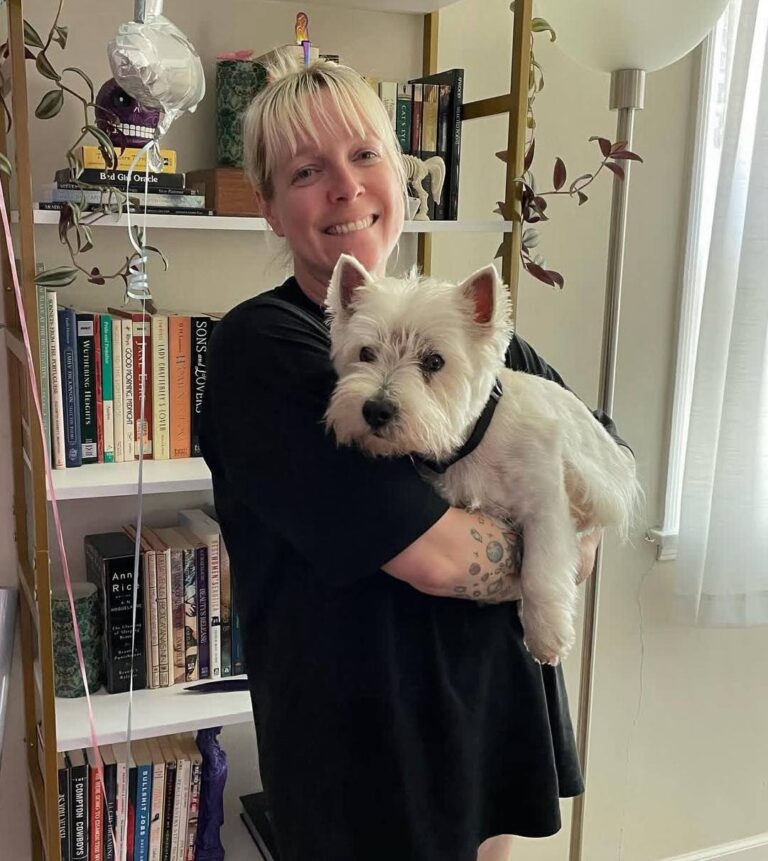 Danielle Prescott at home with their West Highland White Terrier
