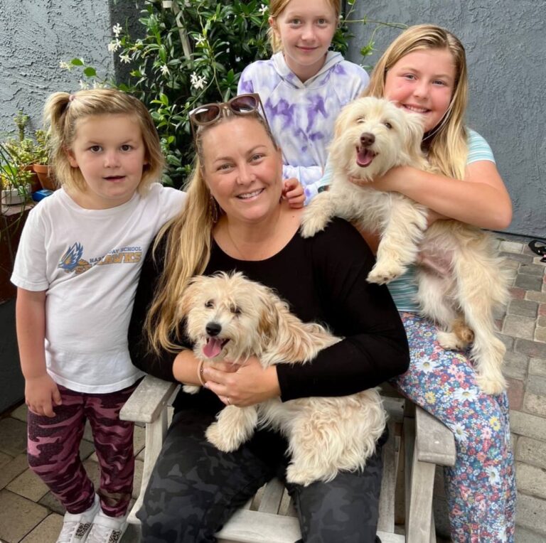 Kelsey Mardon & daughters at home with their West Highland White Terrier